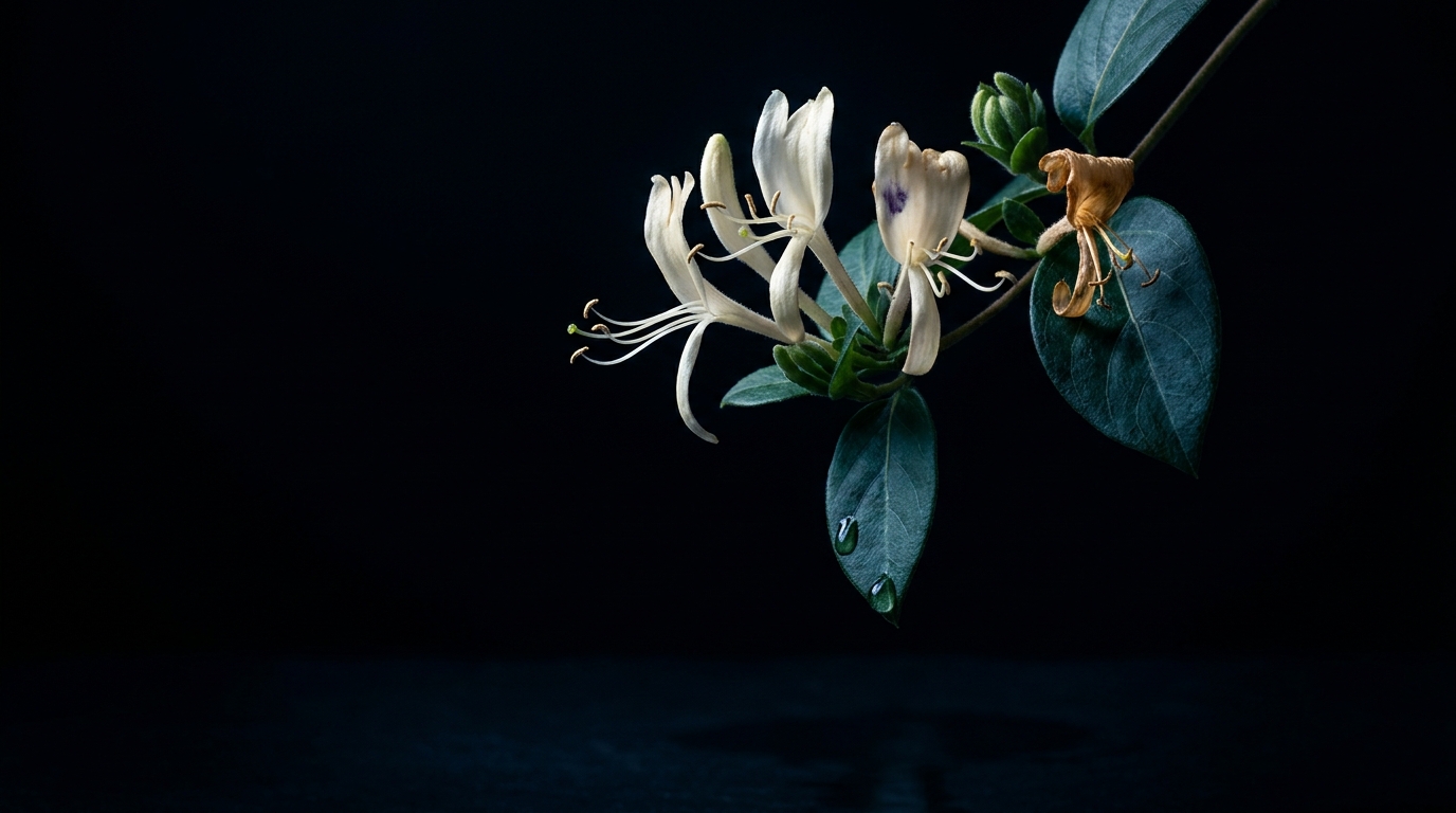 Honeysuckle branch photographed on a dark ground