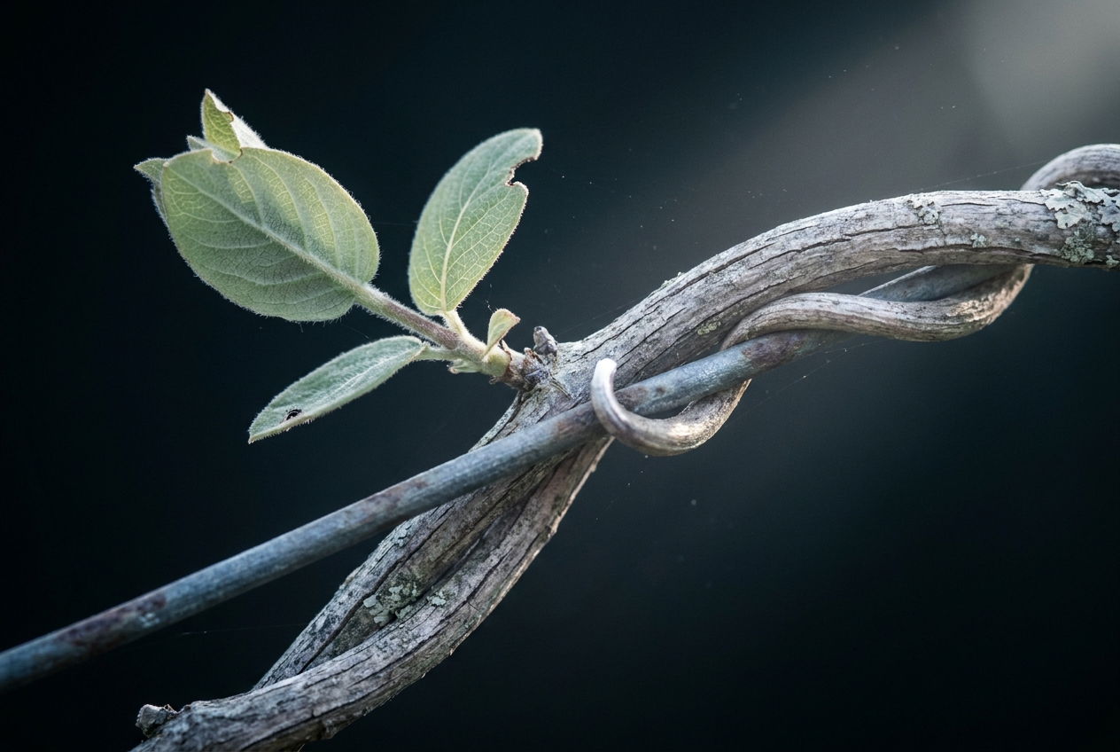 Honeysuckle tendril twined around a woody stem